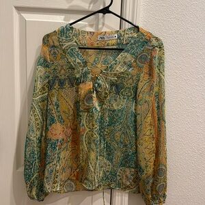 Zara Colorful Tie Up Long Sleeve Blouse